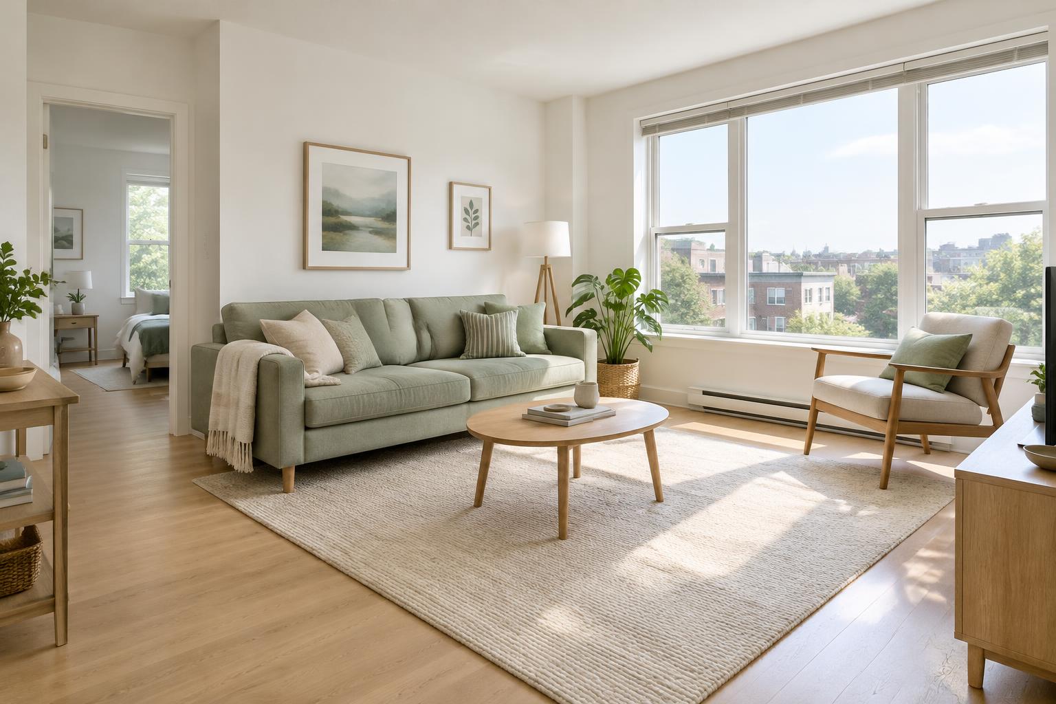 A bright rental living room with a sage sofa and large windows
